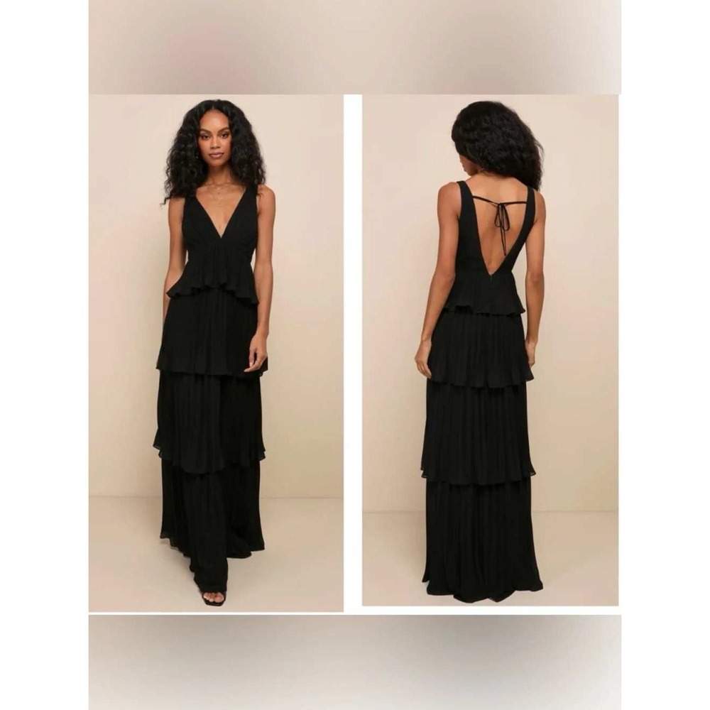 Lulus Black Pleated Ruffle V-Neck Maxi Dress Sleeveless Empire Waist Medium